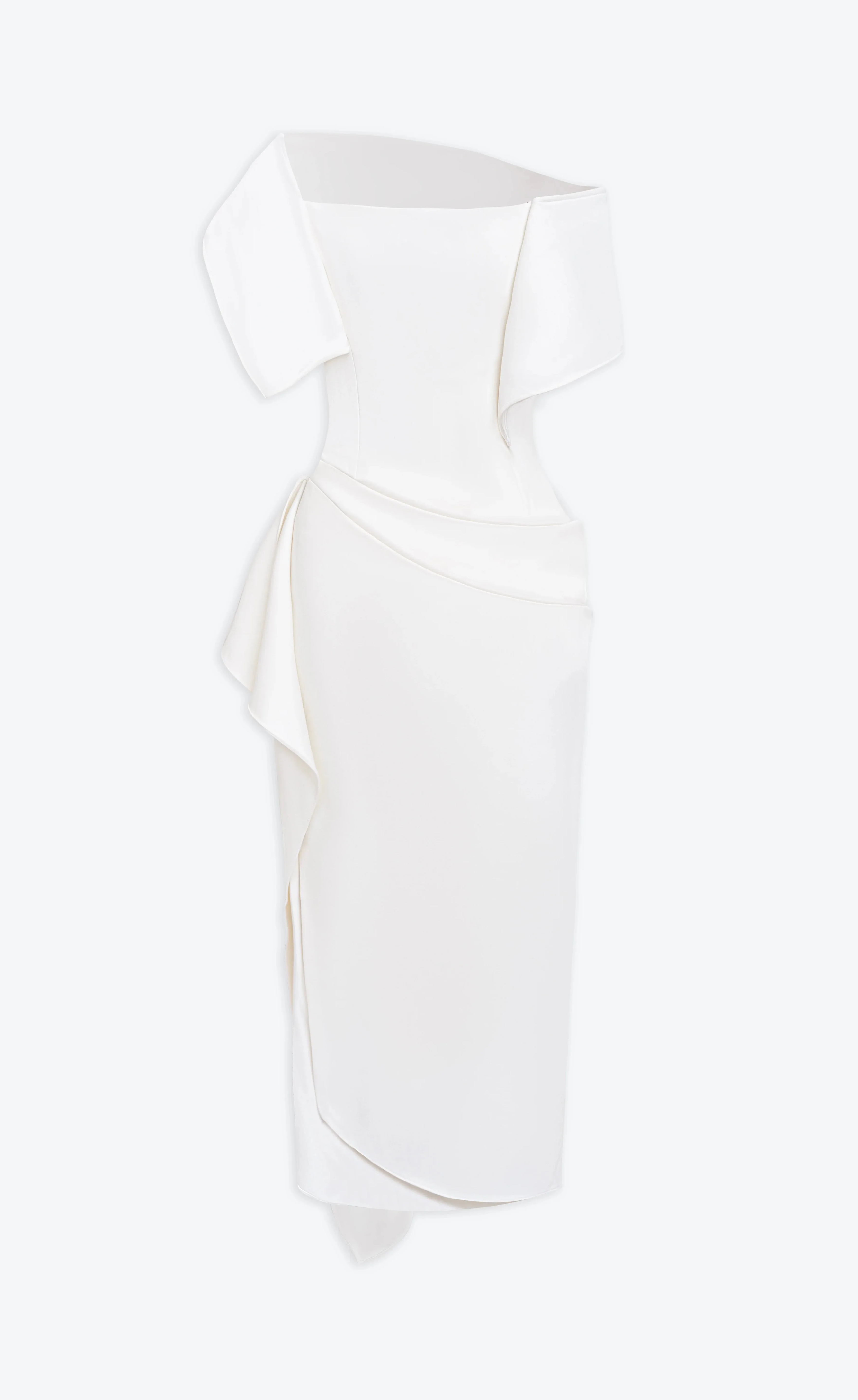 Arene Elegant White Off-Shoulder Asymmetrical Midi Dress | Formal Event Gown