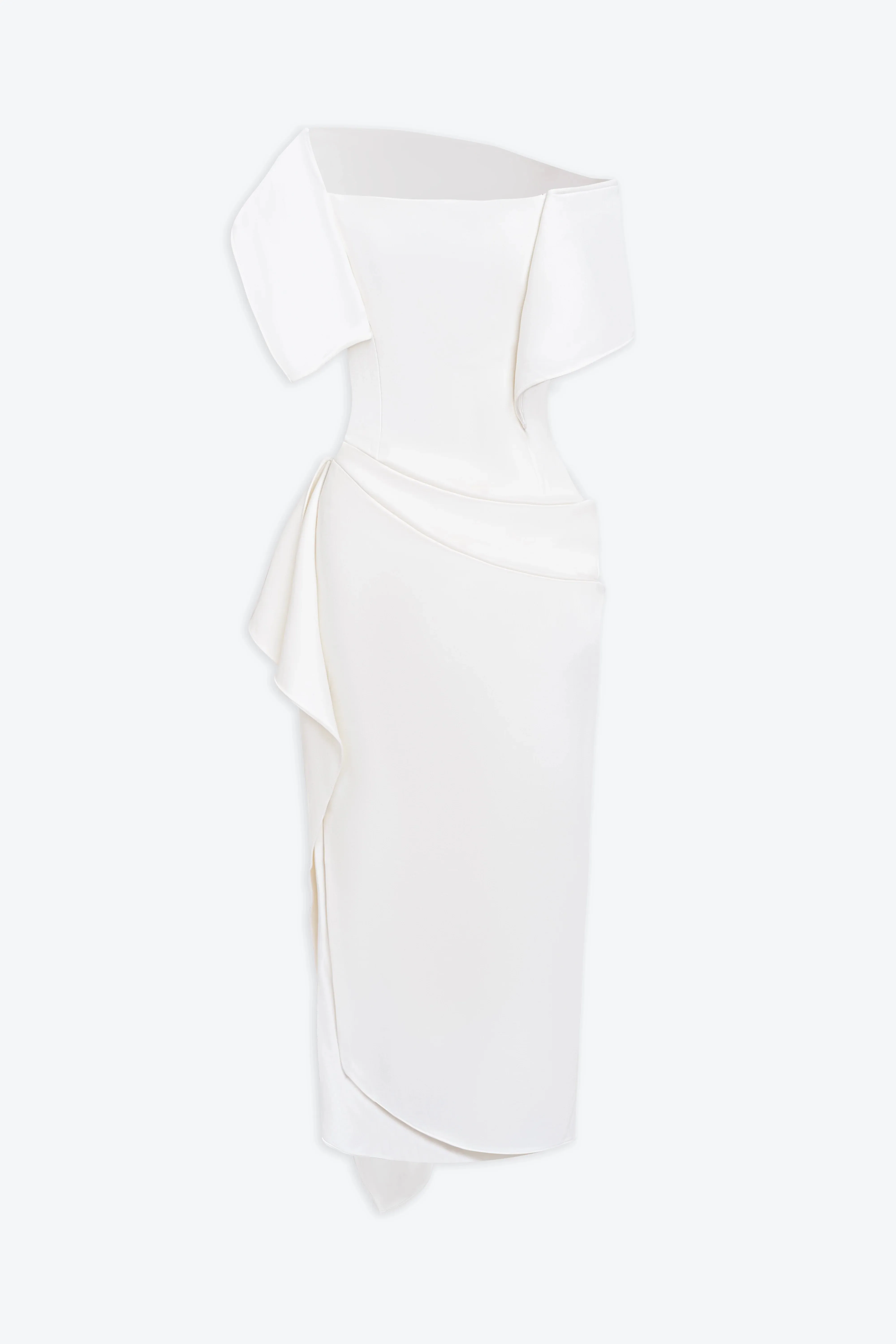 Arene Elegant White Off-Shoulder Asymmetrical Midi Dress | Formal Event Gown