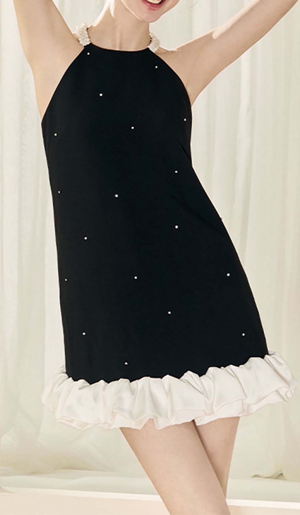 Frill Pearl Mini Dress In Black