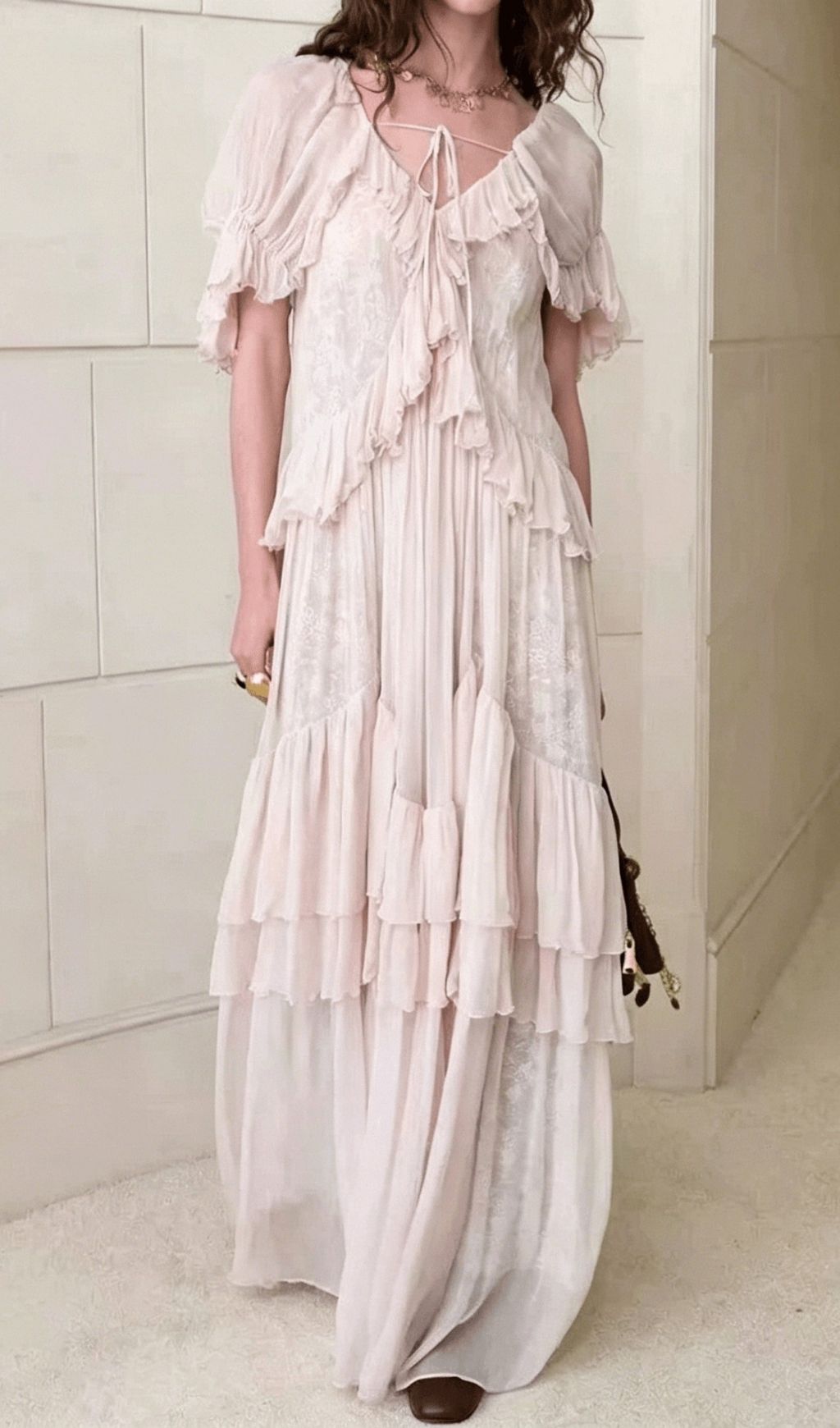 Kimamana Dreamy Pink V-Neck Ruffle Maxi Dress | Ethereal Tiered Gown for Women