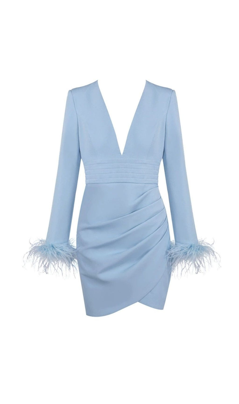 Chic Light Blue Feather Cuff Blazer Mini Dress - Deep V Party Style