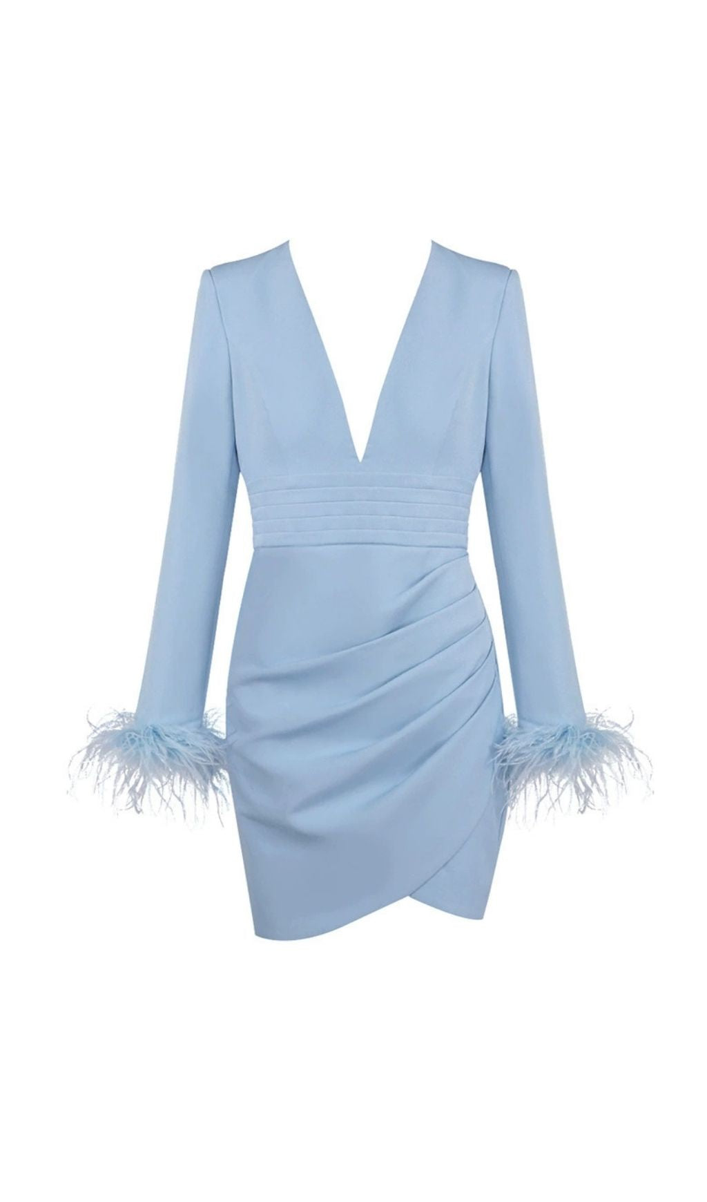 Chic Light Blue Feather Cuff Blazer Mini Dress - Deep V Party Style