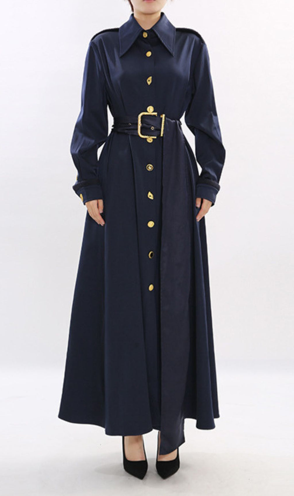 Josette Elegant Navy Maxi Dress | Gold Button & Belted Long Sleeve Gown
