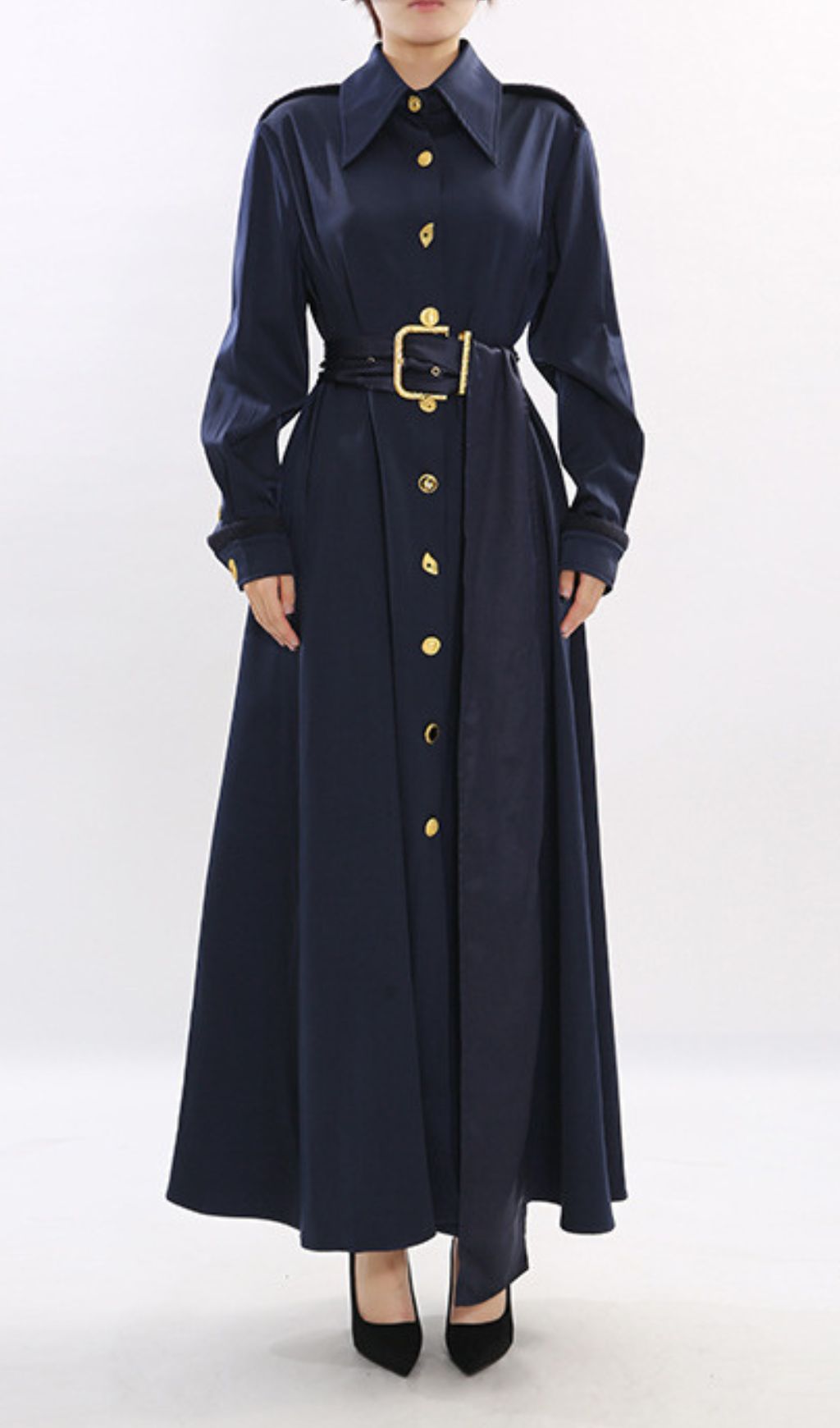 Josette Elegant Navy Maxi Dress | Gold Button & Belted Long Sleeve Gown