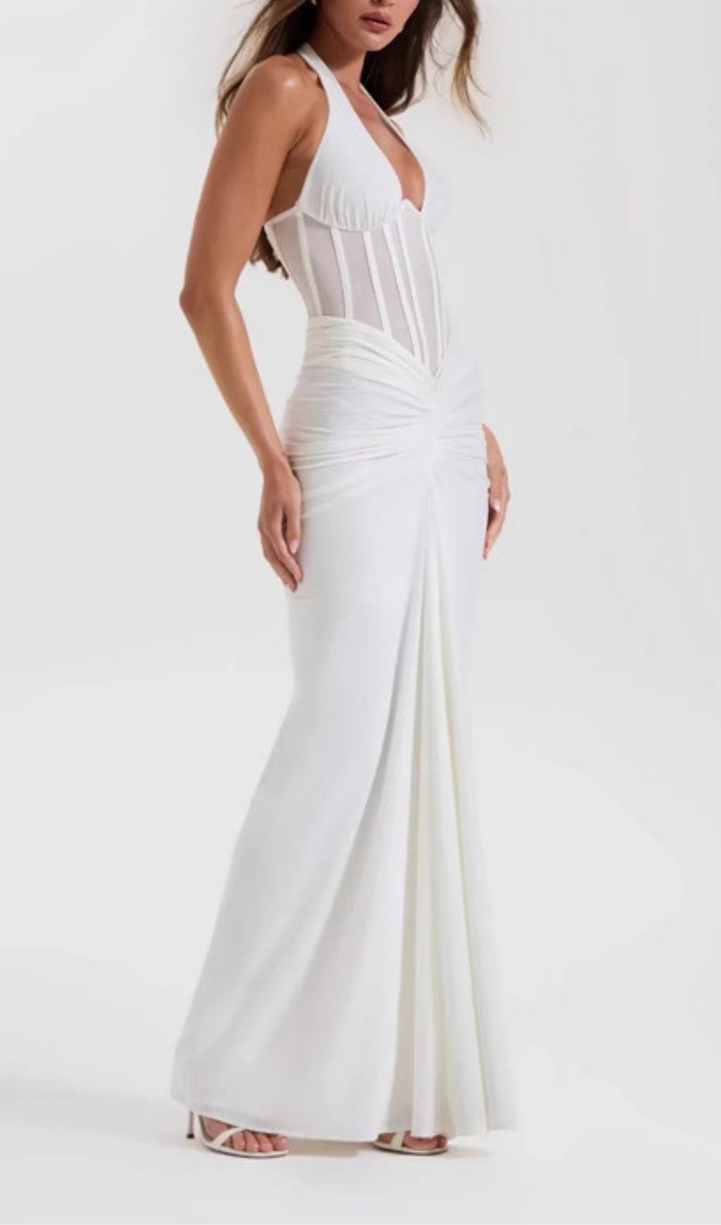 Kezia Elegant White Halter Corset Ruched Maxi Dress - Bridal & Special Occasions