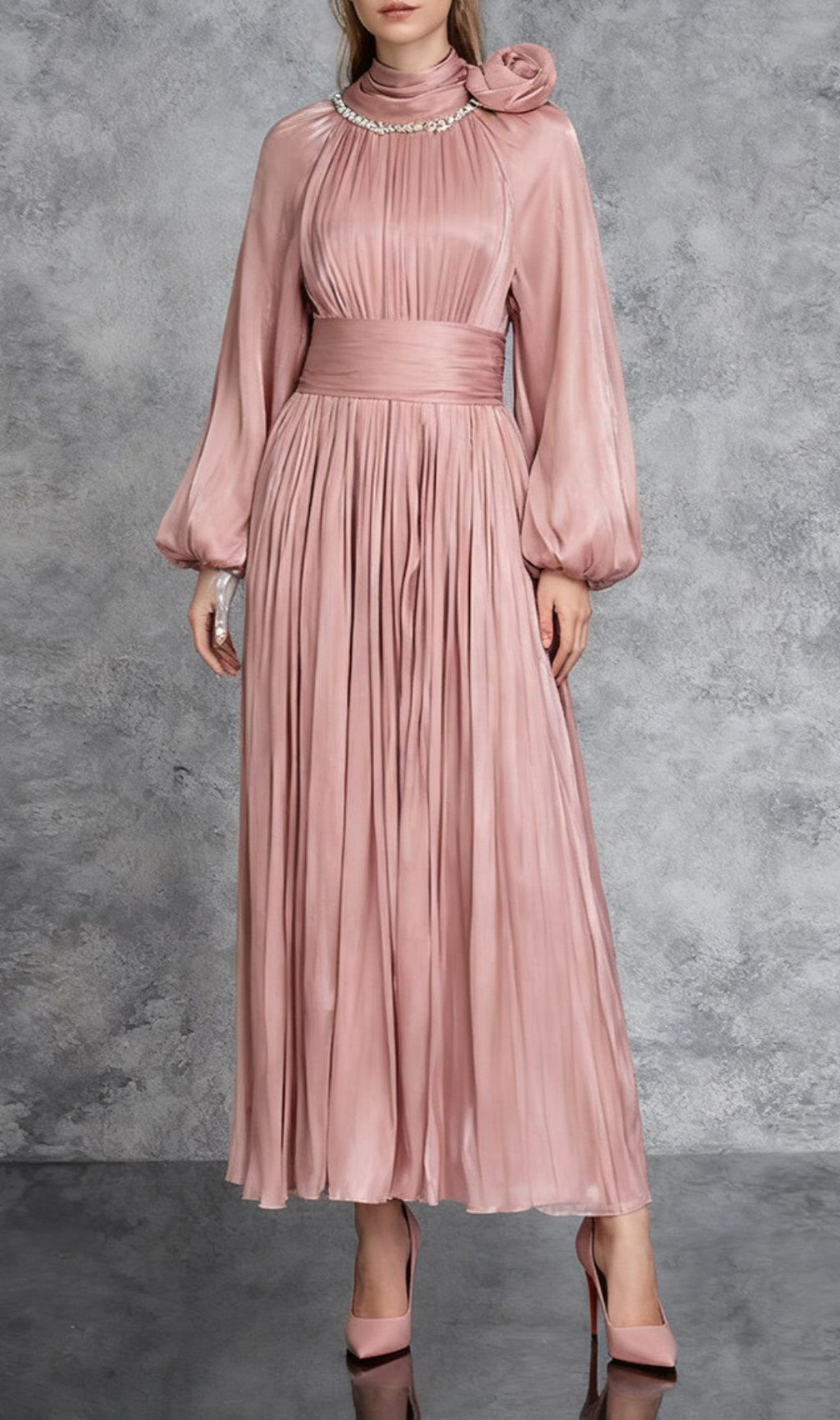 Juhani Rose Pleated Satin Maxi Dress - Elegant Long Sleeve Gown