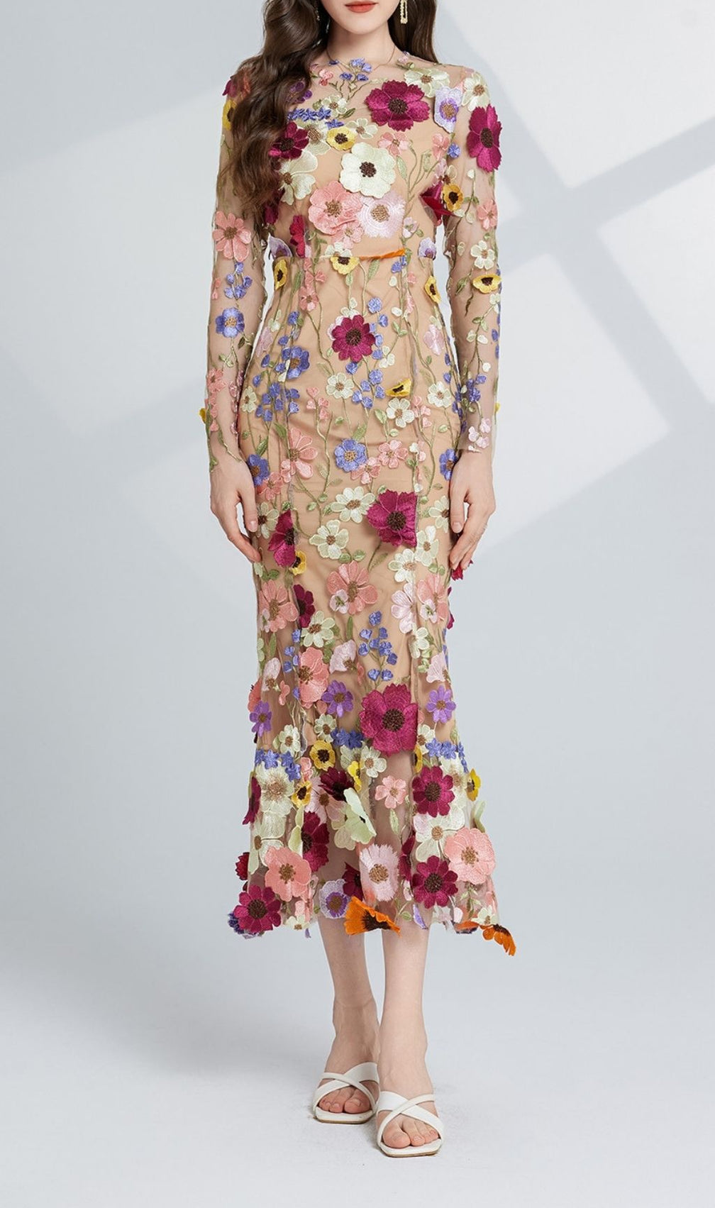 Carol Floral Embroidery Mesh Fishtail Long Sleeve Midi Dress