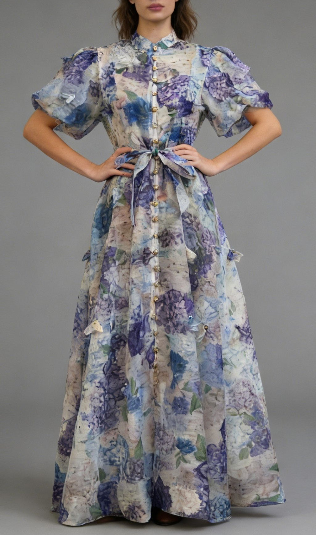 Karleshia Enchanting Floral Puff-Sleeve Maxi Dress - Romantic Garden Gown