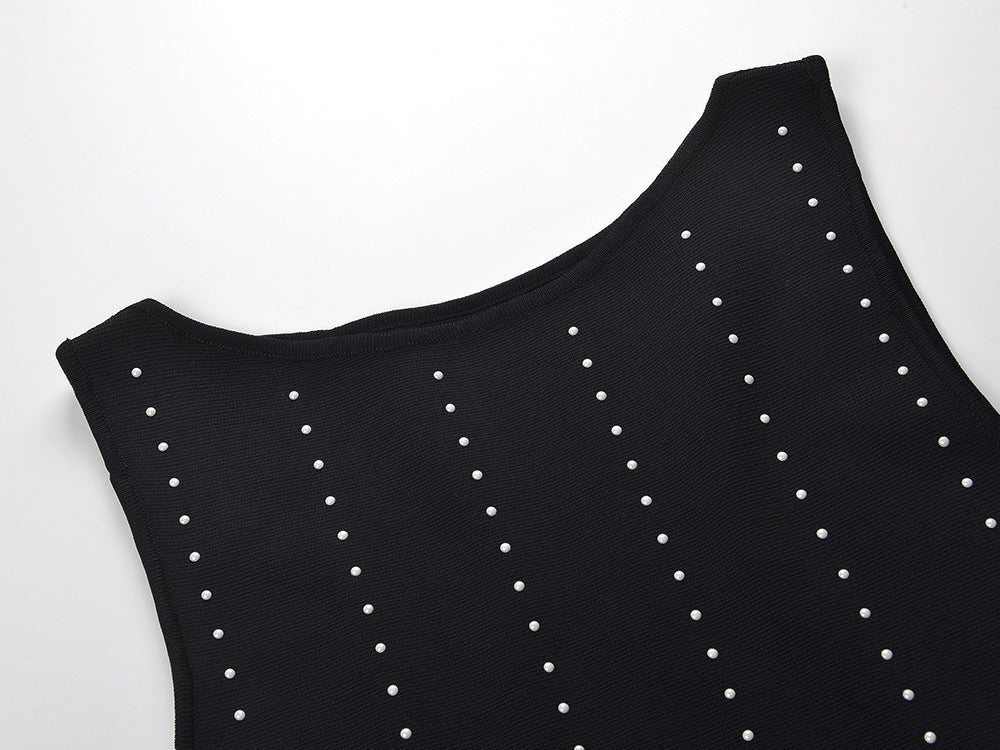 Glamorous Black Studded Fringe Bodycon Midi Dress | Sleeveless & Chic