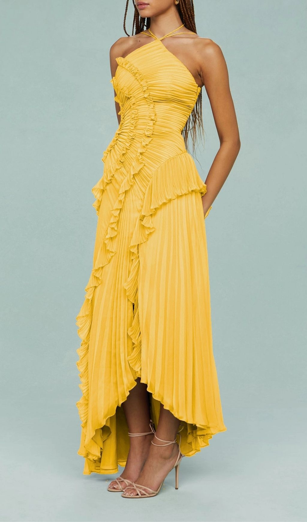 Finneas Vibrant Yellow Halter Pleated Ruffle Maxi Dress