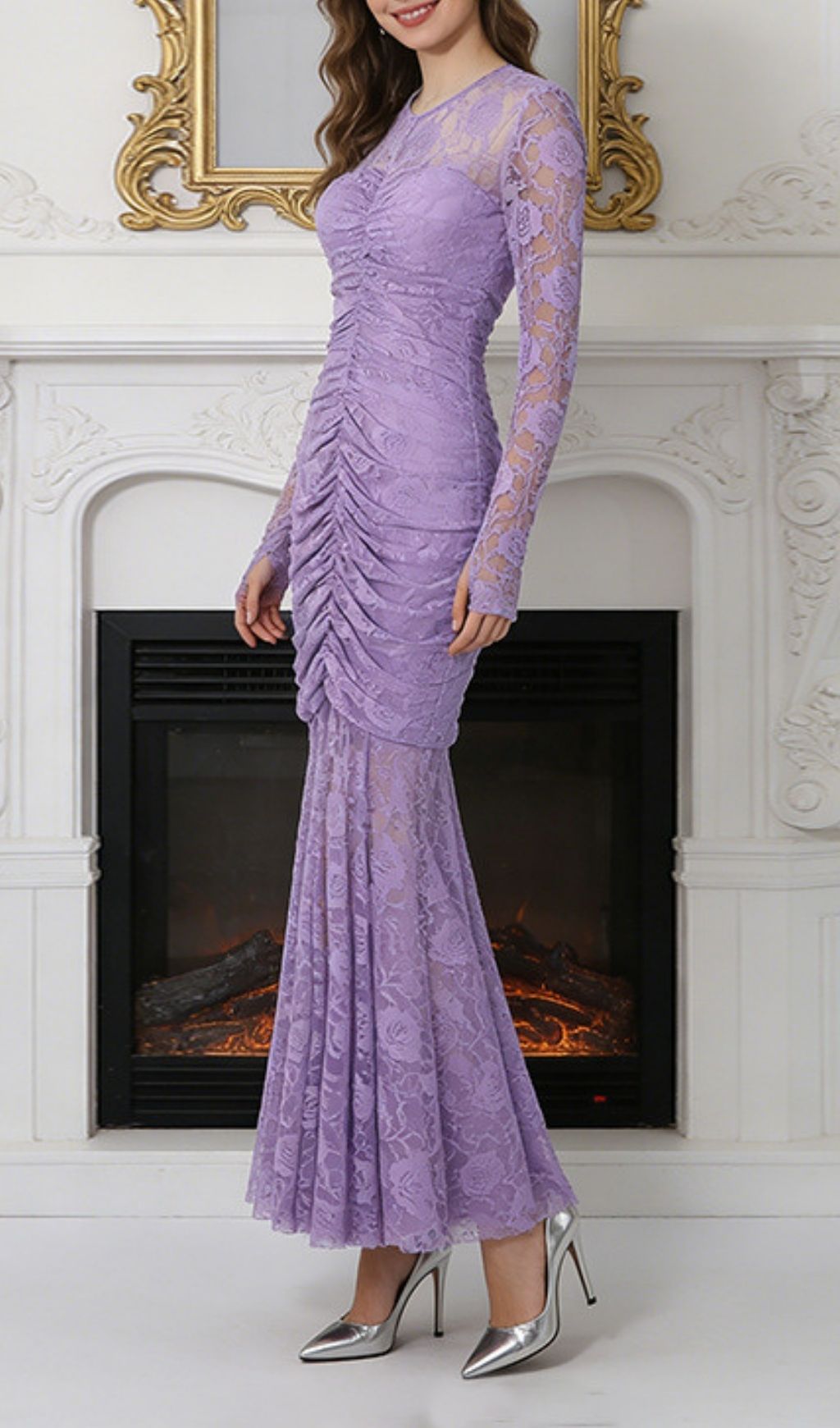Kacey Elegant Purple Floral Lace Long Sleeve Maxi Dress - Formal Occasion Gown