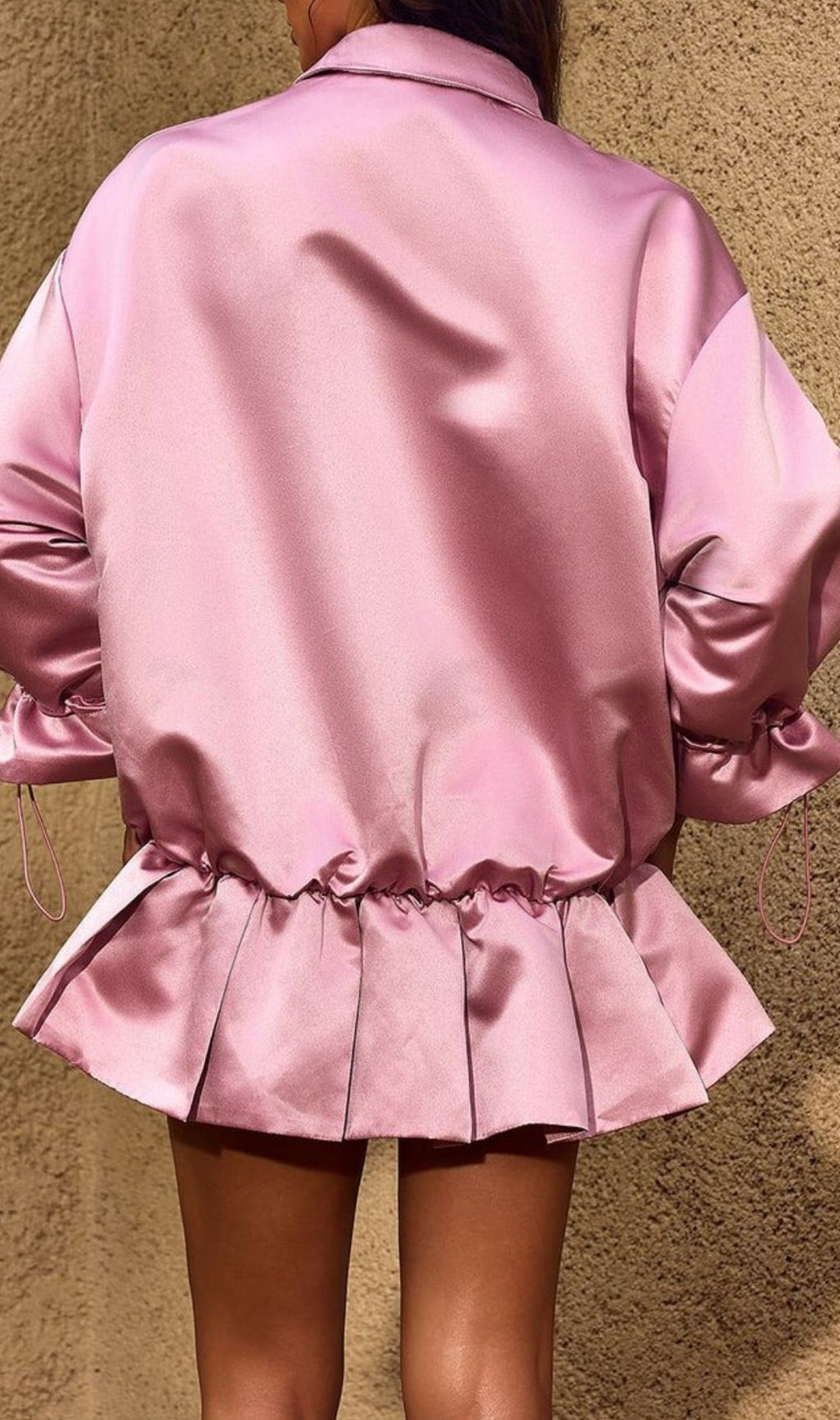 Chardon Luxe Satin Long Sleeve Mini Dress with Adjustable Ruffle Hem