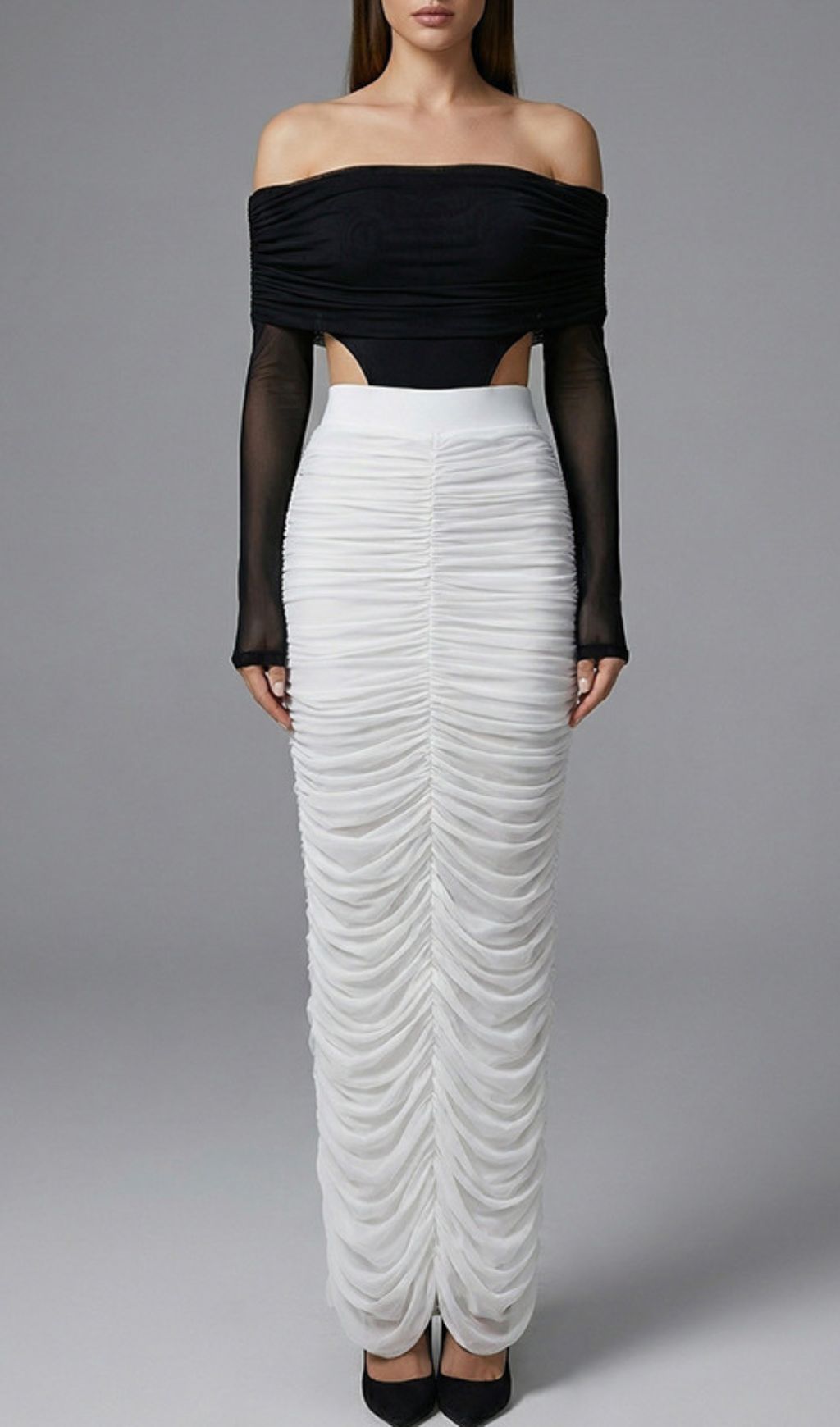 Joplin Elegant Off-Shoulder Cutout Bodysuit & Ruched Maxi Skirt Set