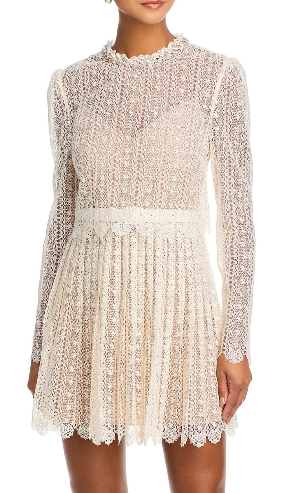 Chic Organza Lace Mini Dress | Ruffled Neck & Scalloped Details