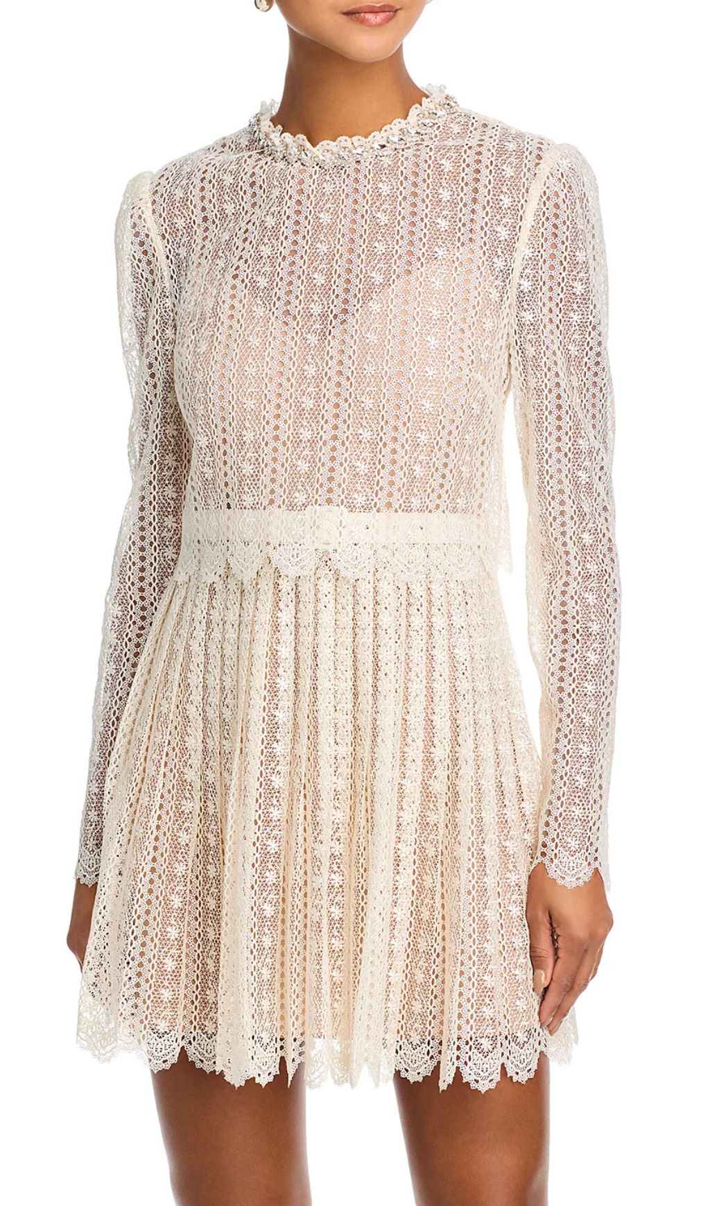 Chic Organza Lace Mini Dress | Ruffled Neck & Scalloped Details