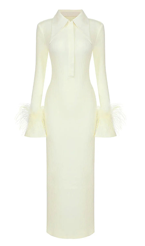 Chic Yellow Feather Cuff Maxi Dress | Elegant Long Sleeve Ribbed Stand Collar