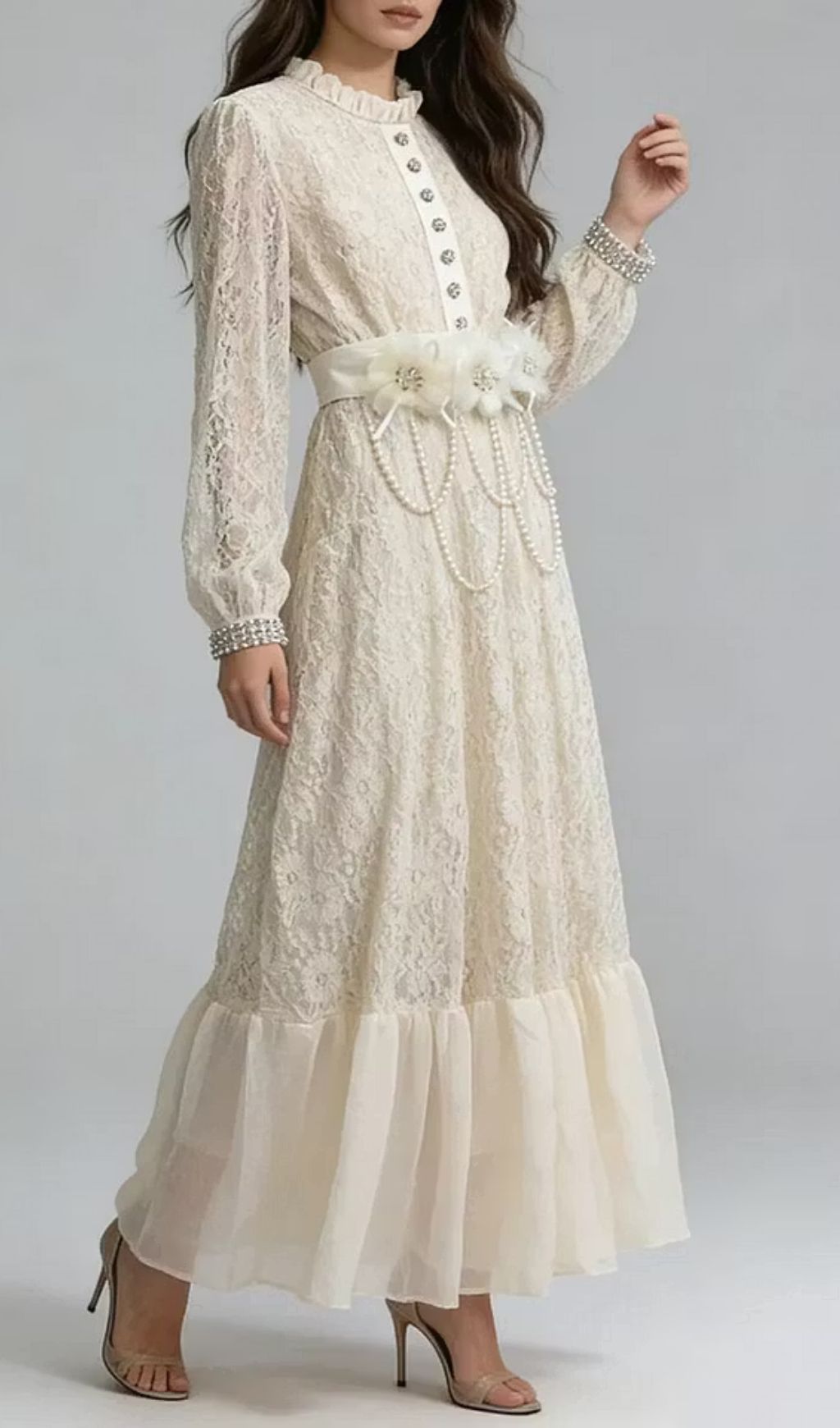 Elegant Ivory White Lace Maxi Dress: 3D Floral, Pearl Cascade & Ruffle Hem