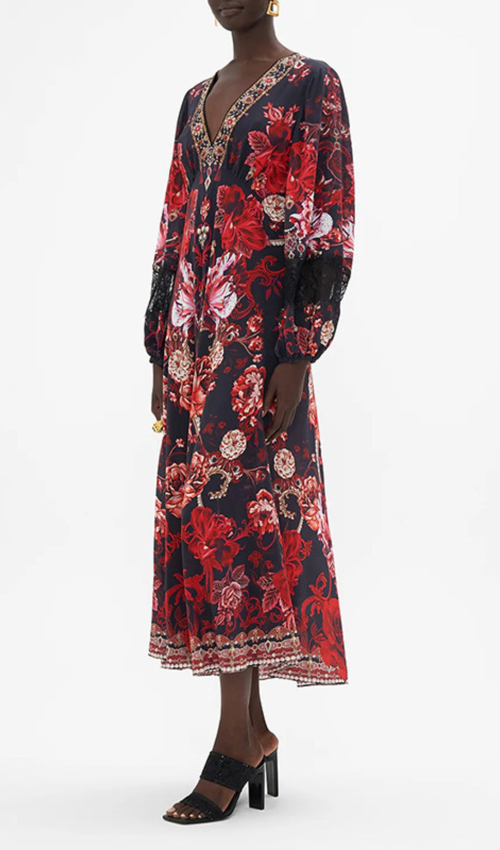 Davood V-Neck Floral Printed Midi Dress