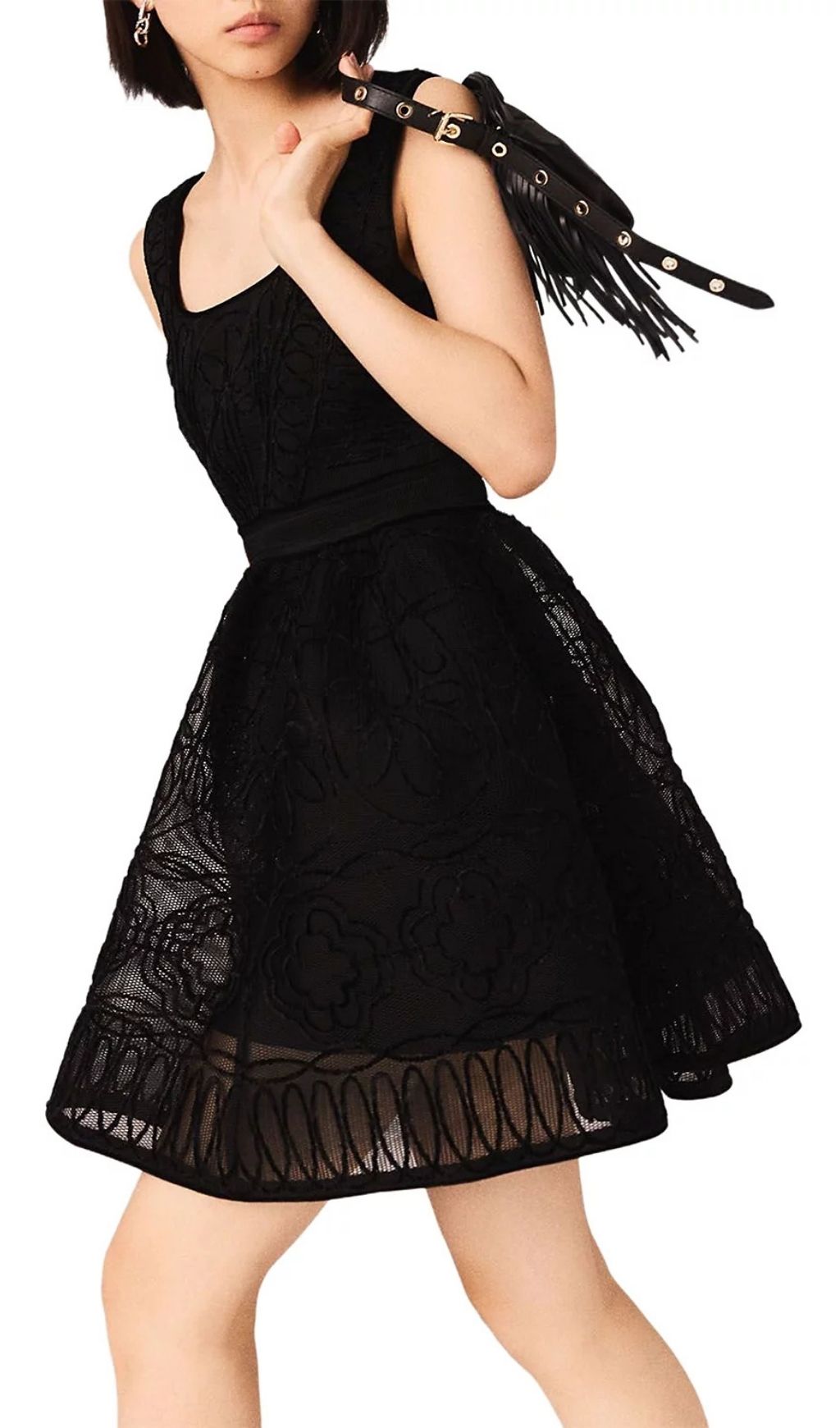 Chic Floral Embroidered Black Lace Skater Dress with Pockets - Square Neck Design