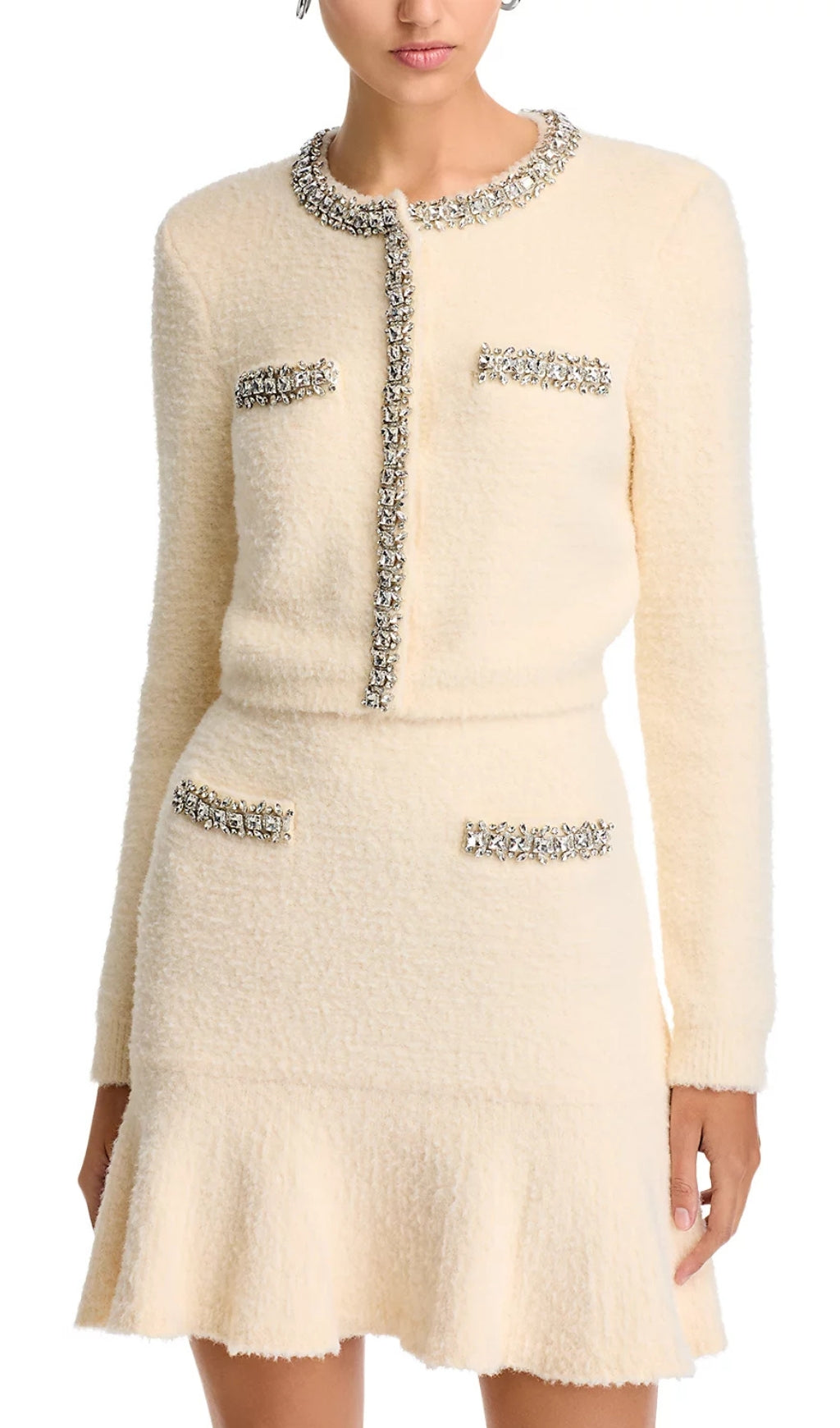 Cream Rhinestone Trim Knit Cardigan