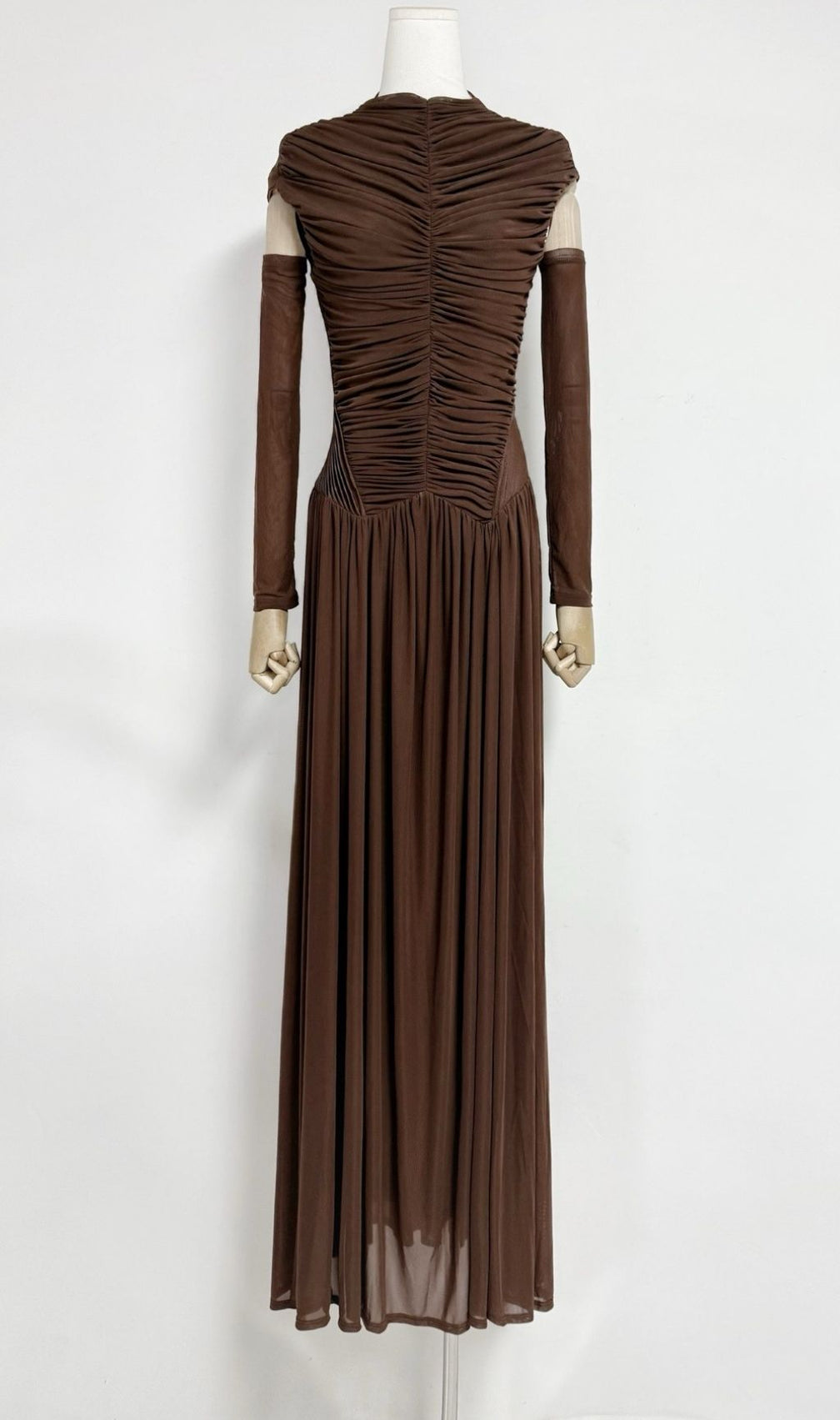 Kiele Luxe Chocolate Brown Ruched Maxi Dress - Sculpted Elegance for Women