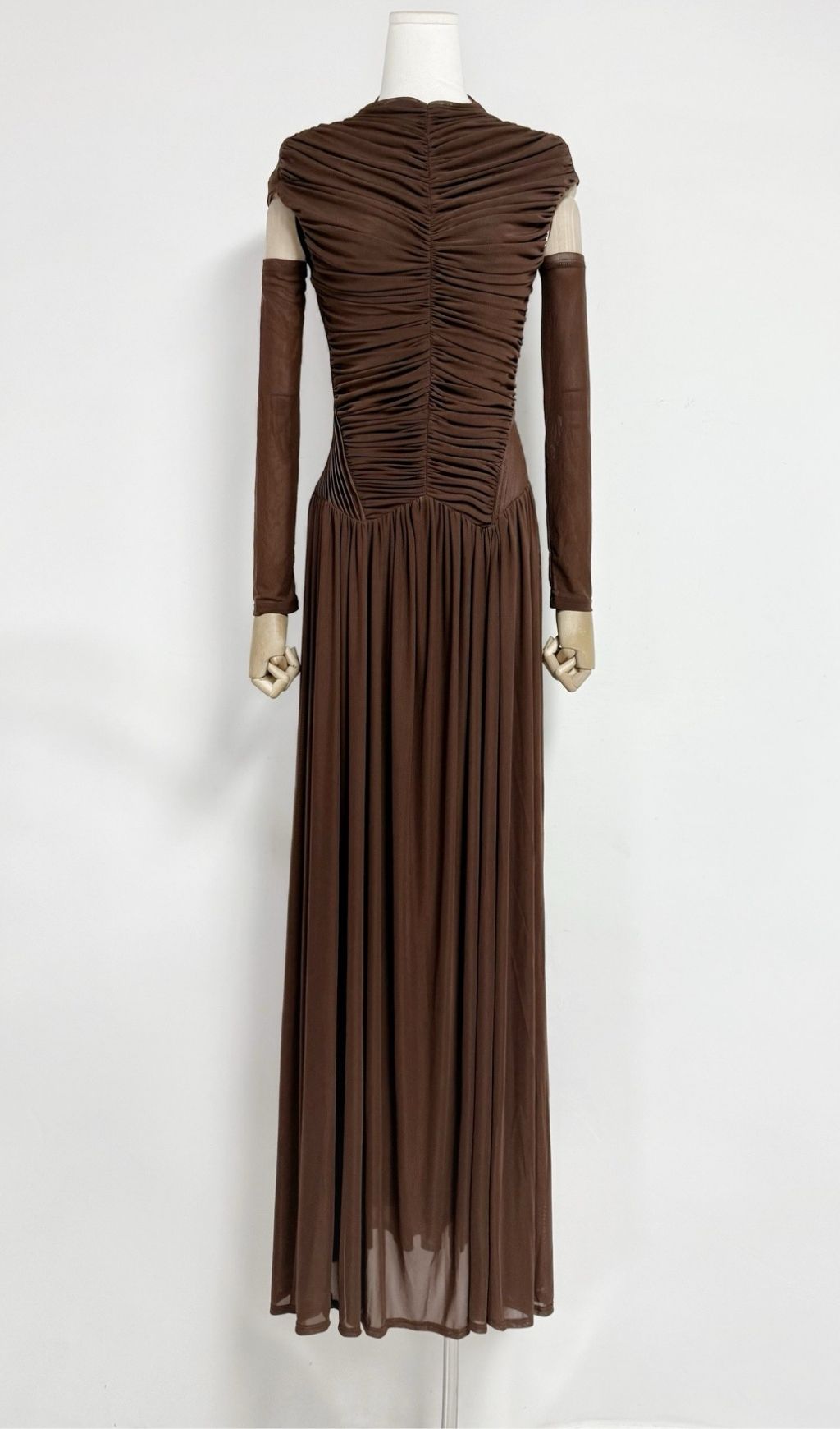 Kiele Luxe Chocolate Brown Ruched Maxi Dress - Sculpted Elegance for Women