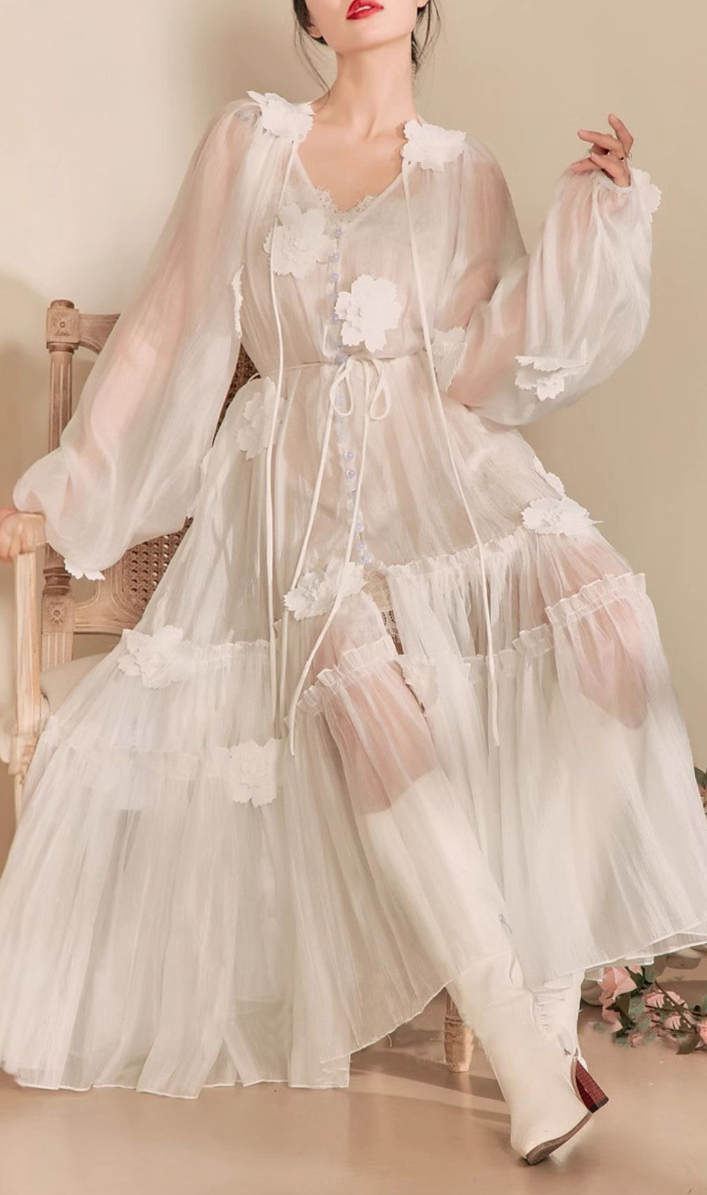 Fayre White Flower Embroidery Midi Dress