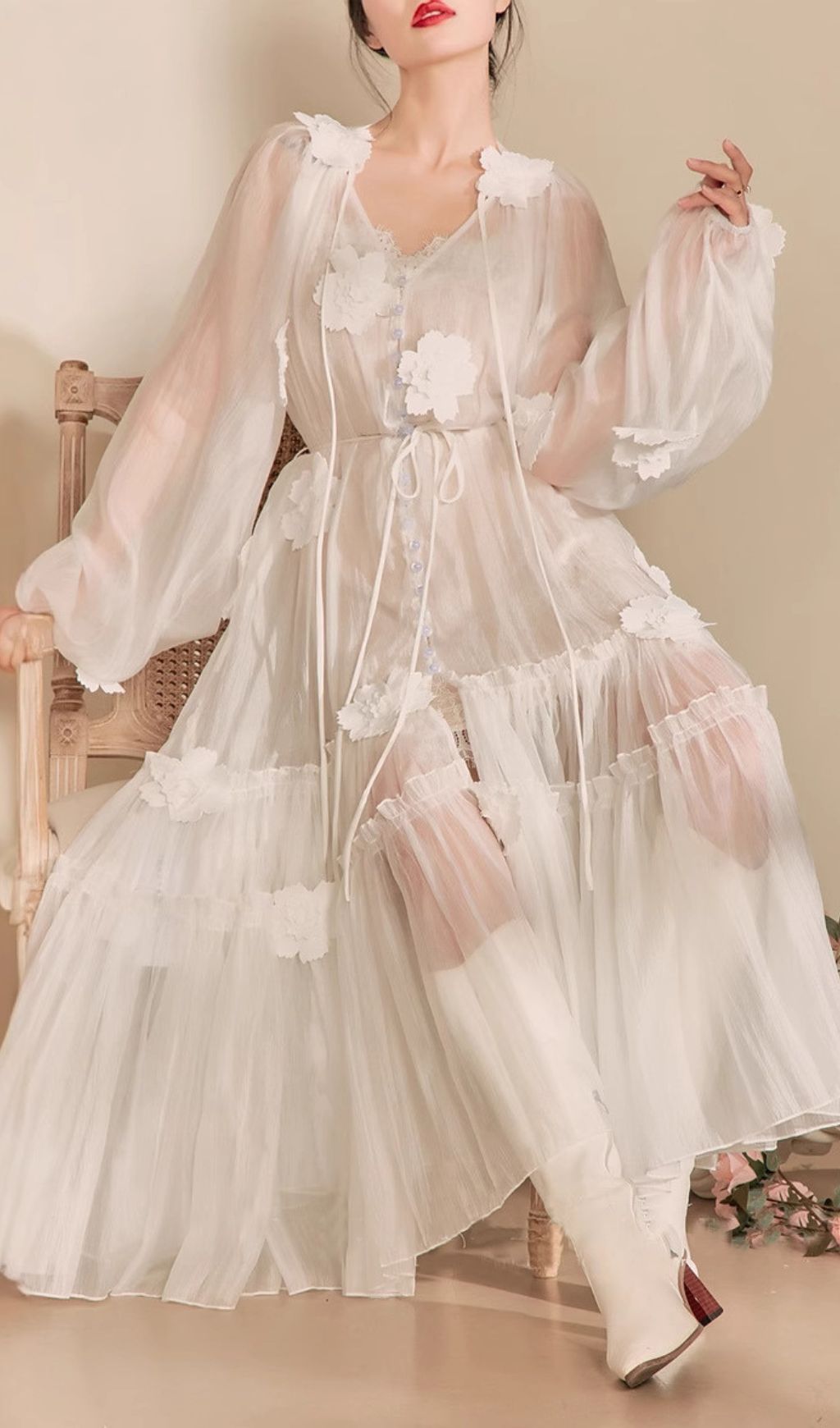 Fayre White Flower Embroidery Midi Dress