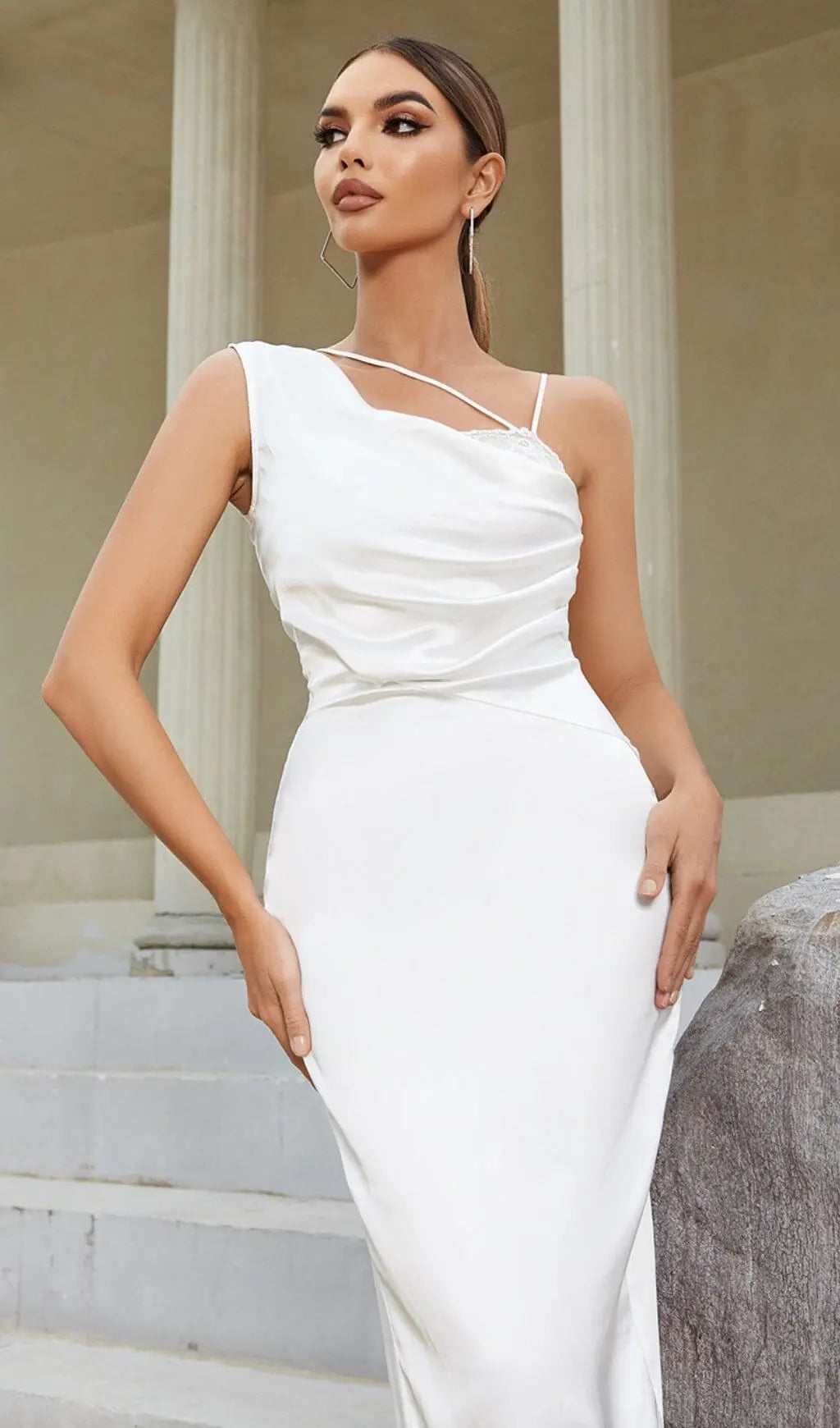Satin One Shoulder Midi Dress In White