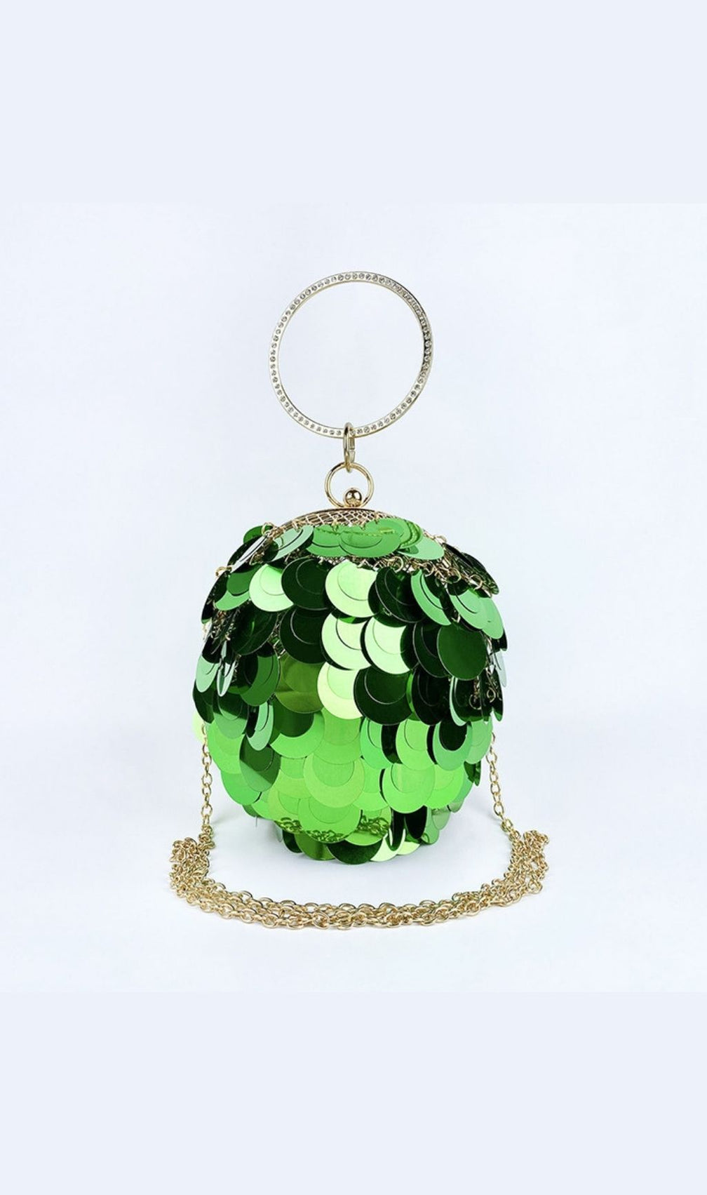 Adaiba Dazzling Green Sequin Ball Clutch | Statement Ring Handle Bag