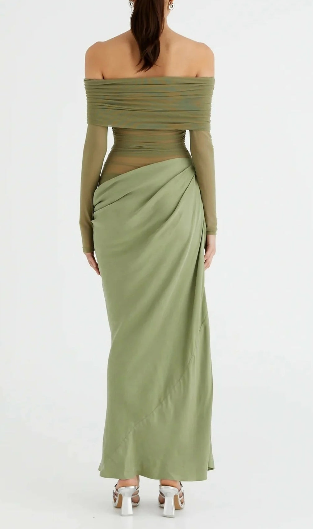 Dawood Green Off-Shoulder Long Sleeve Mesh Maxi Dress