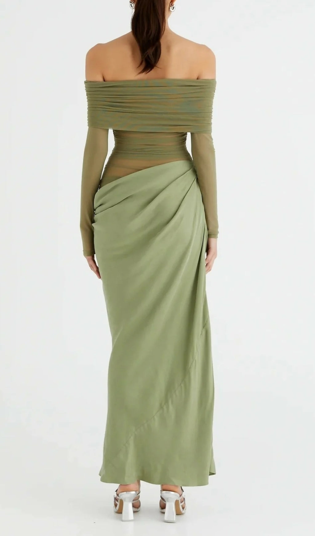 Dawood Green Off-Shoulder Long Sleeve Mesh Maxi Dress