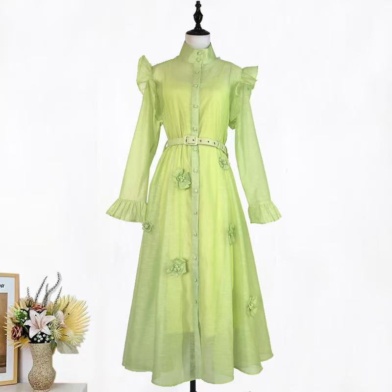Elula Green Long Sleeve Flower Midi Dress