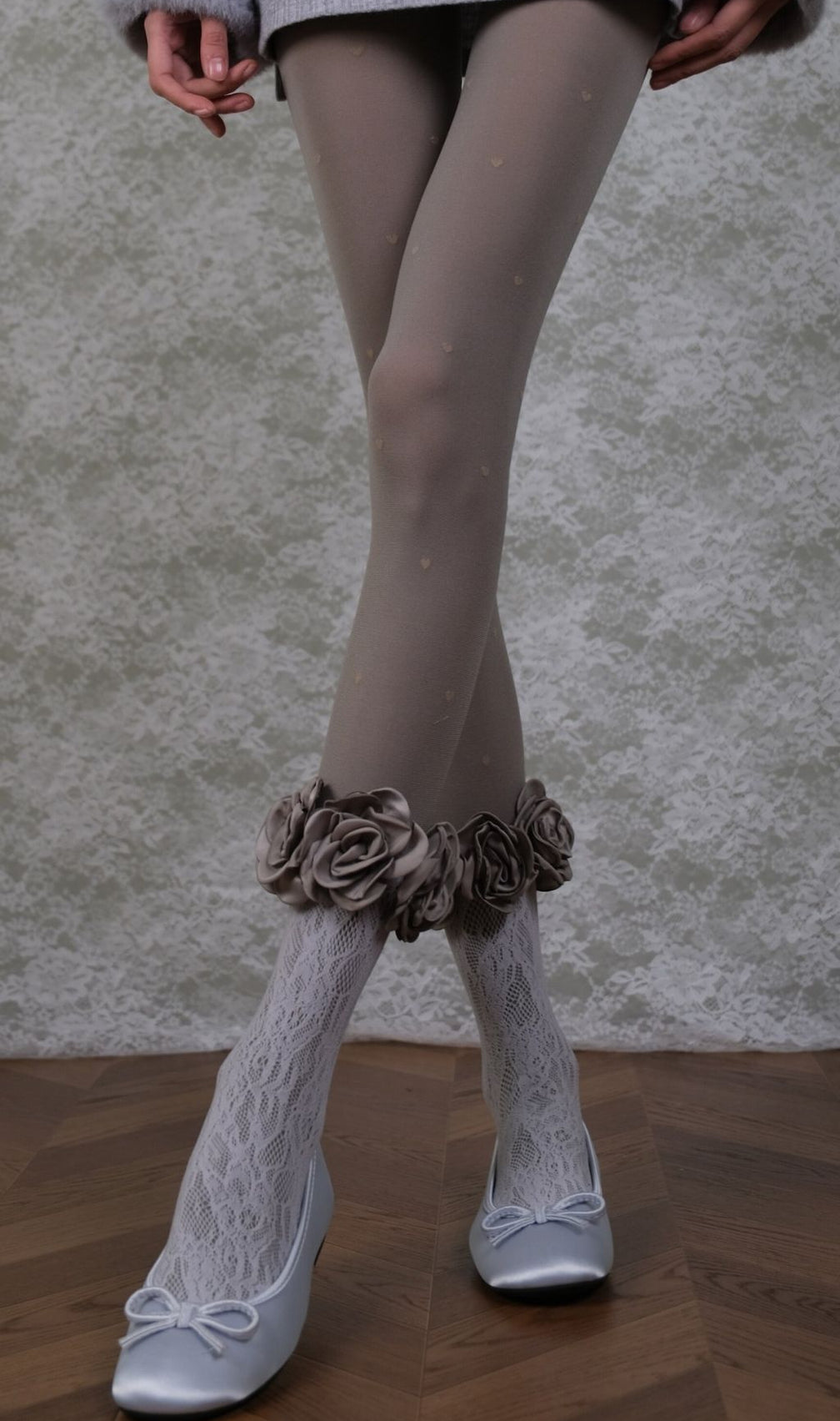 Romantic Coquette: Grey Heart Tights, Rose Lace Socks & Ankle Cuffs Set