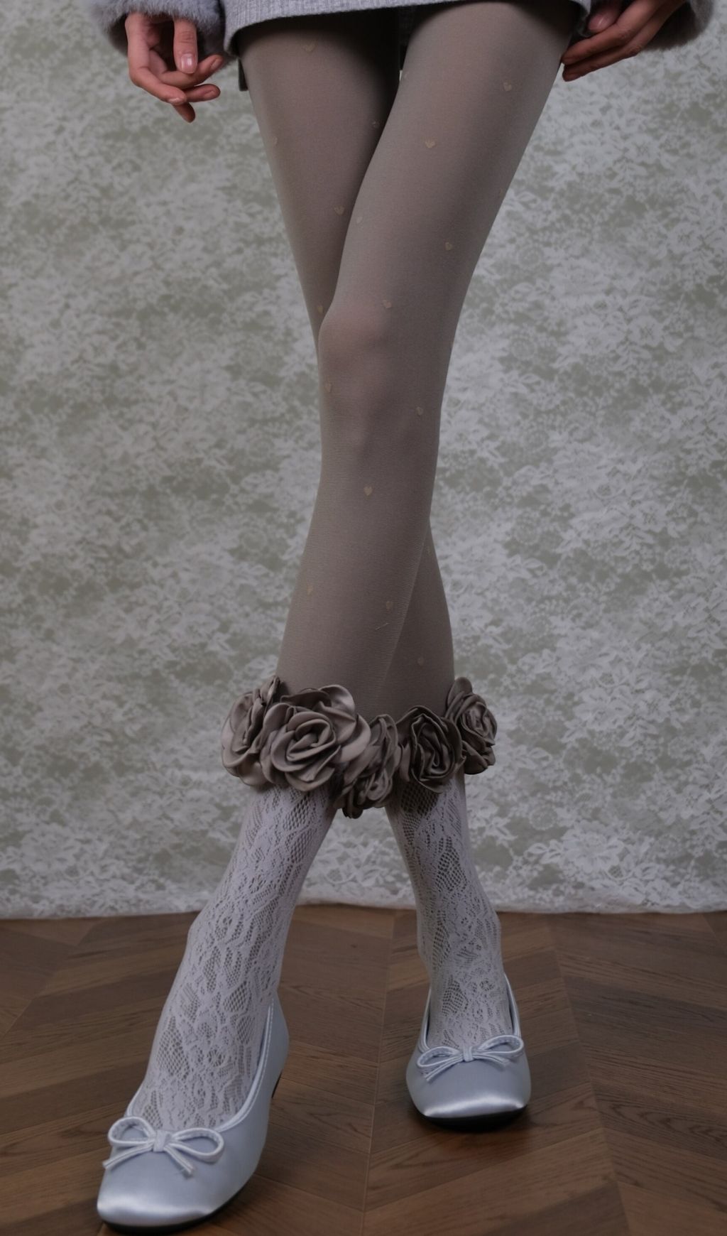 Romantic Coquette: Grey Heart Tights, Rose Lace Socks & Ankle Cuffs Set