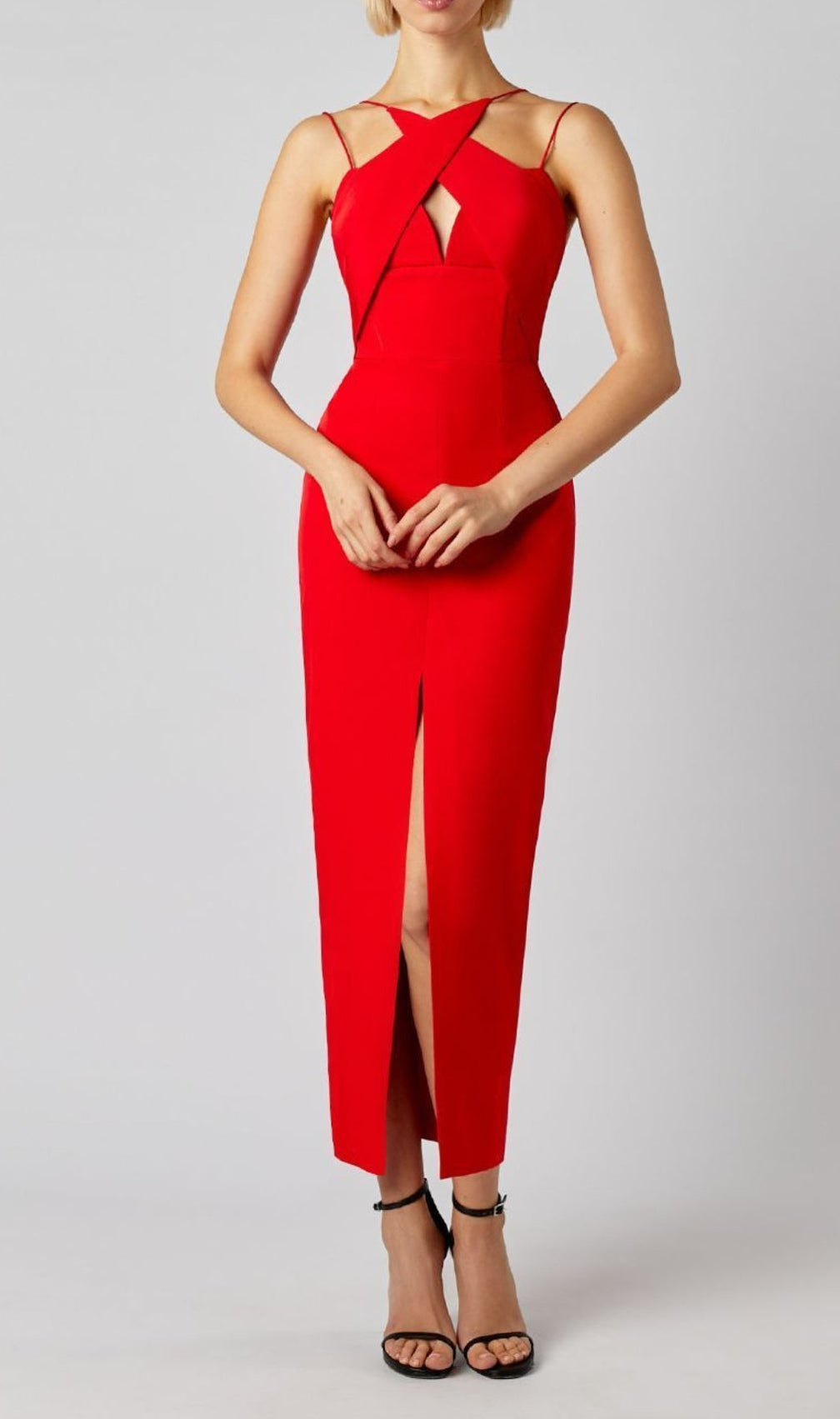 Sleeveless Key Hole Split Backless Red Bandage Midi Dress