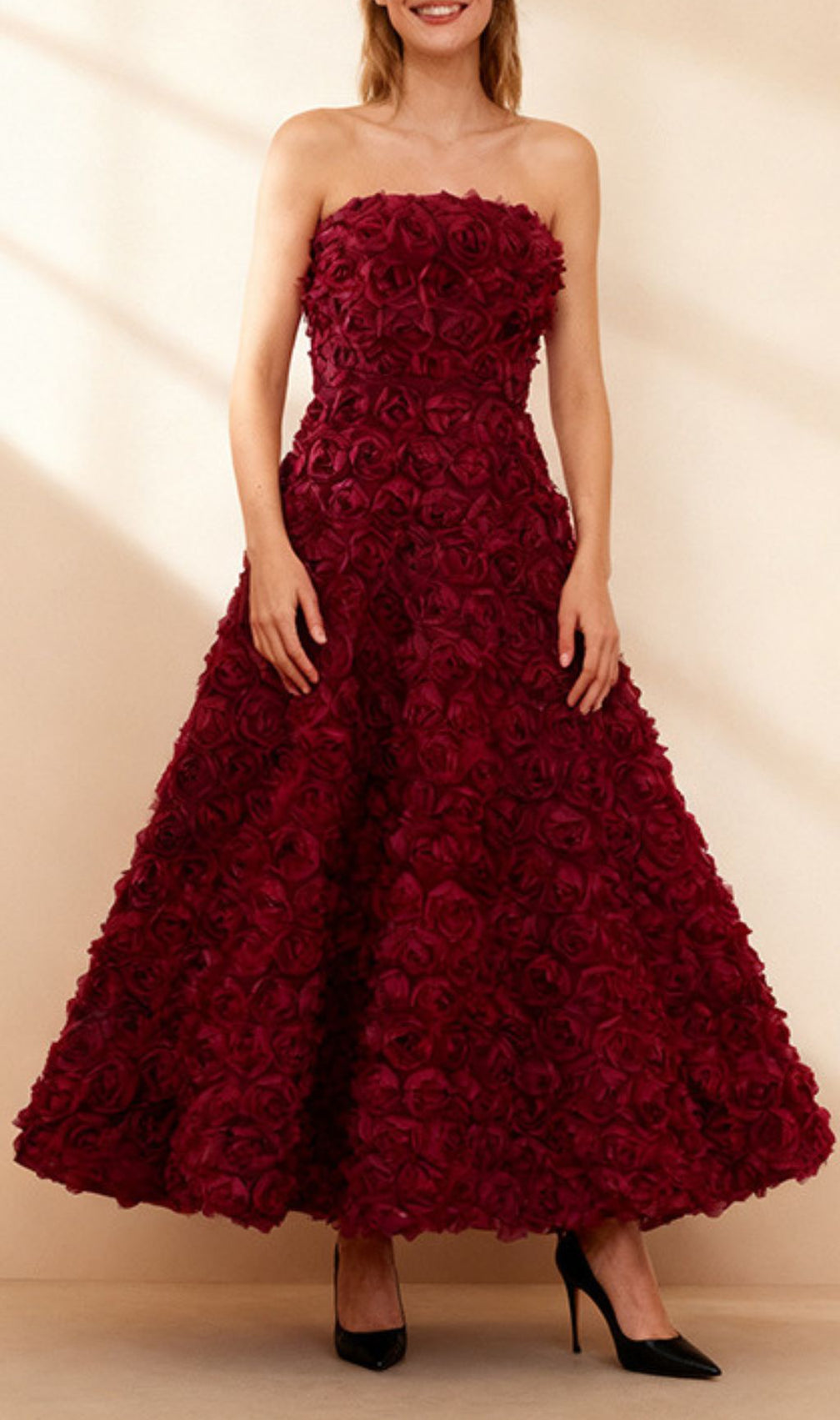 Ikuyo Wine Strapless Rose Midi Dress - Elegant Floral Cocktail & Party Dress