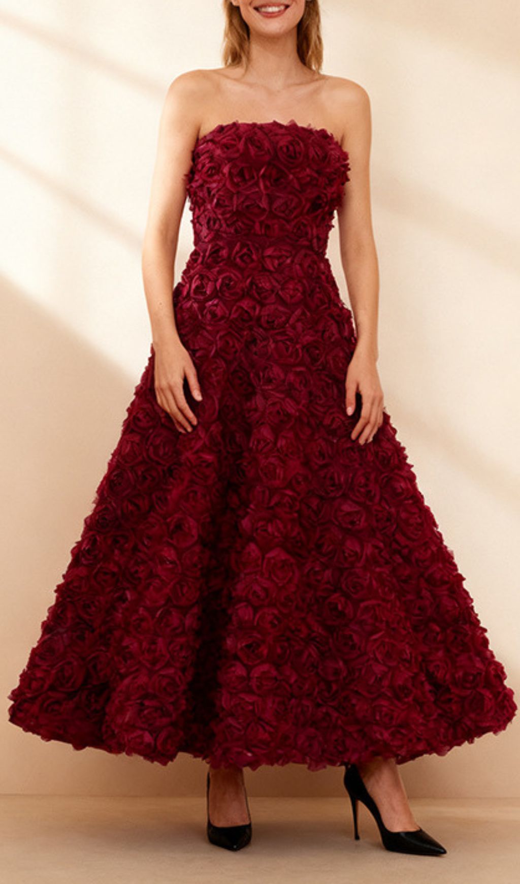 Ikuyo Wine Strapless Rose Midi Dress - Elegant Floral Cocktail & Party Dress