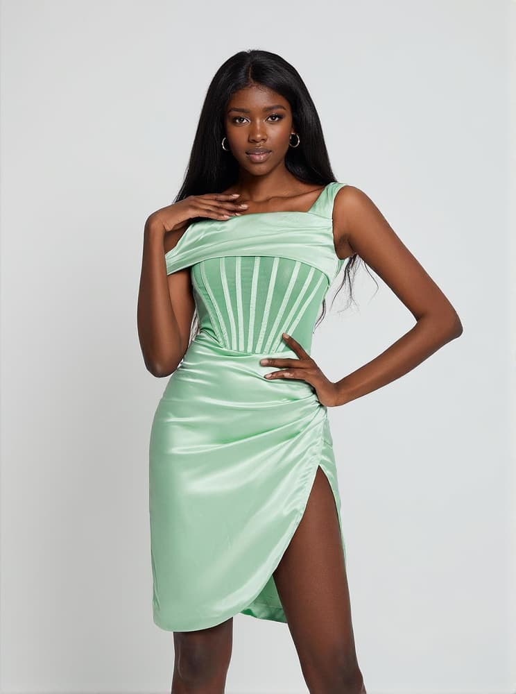 Ariella Satin Corset Dress In Mint