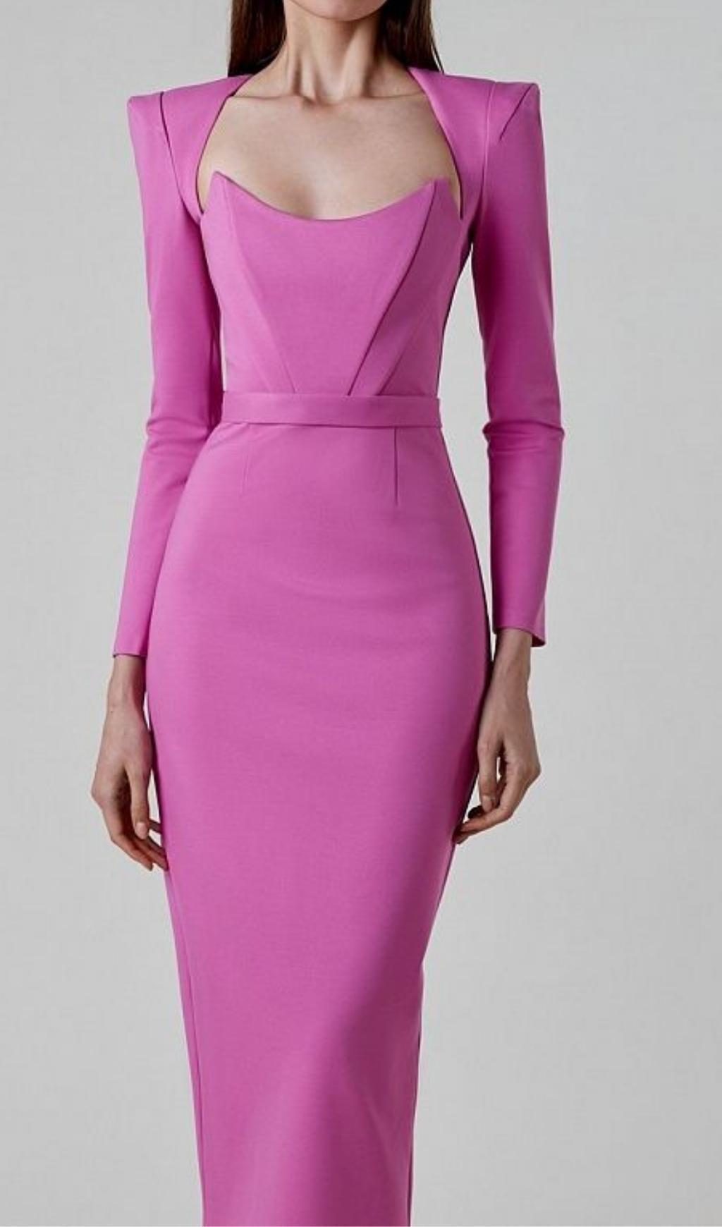 SQUARE SHOULDER CORSET MIDI DRESS IN PINK