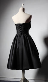 STRAPLESS SATIN MIDI DRESS IN BLACK