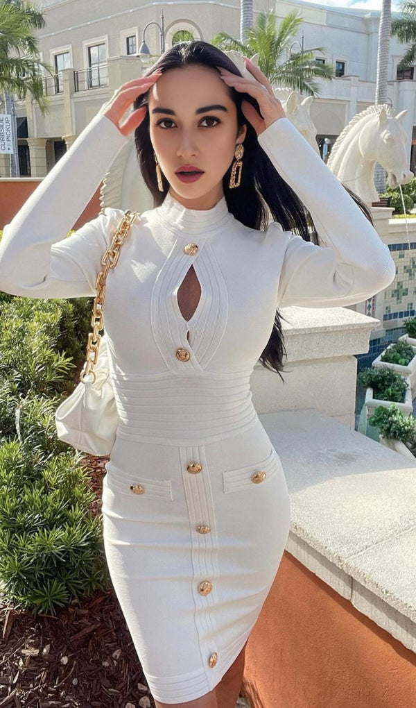 CUTOUT LONG SLEEVE MINI DRESS IN WHITE