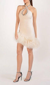 WHITE FEATHER-EMBELLISHED CREPE MINI DRESS