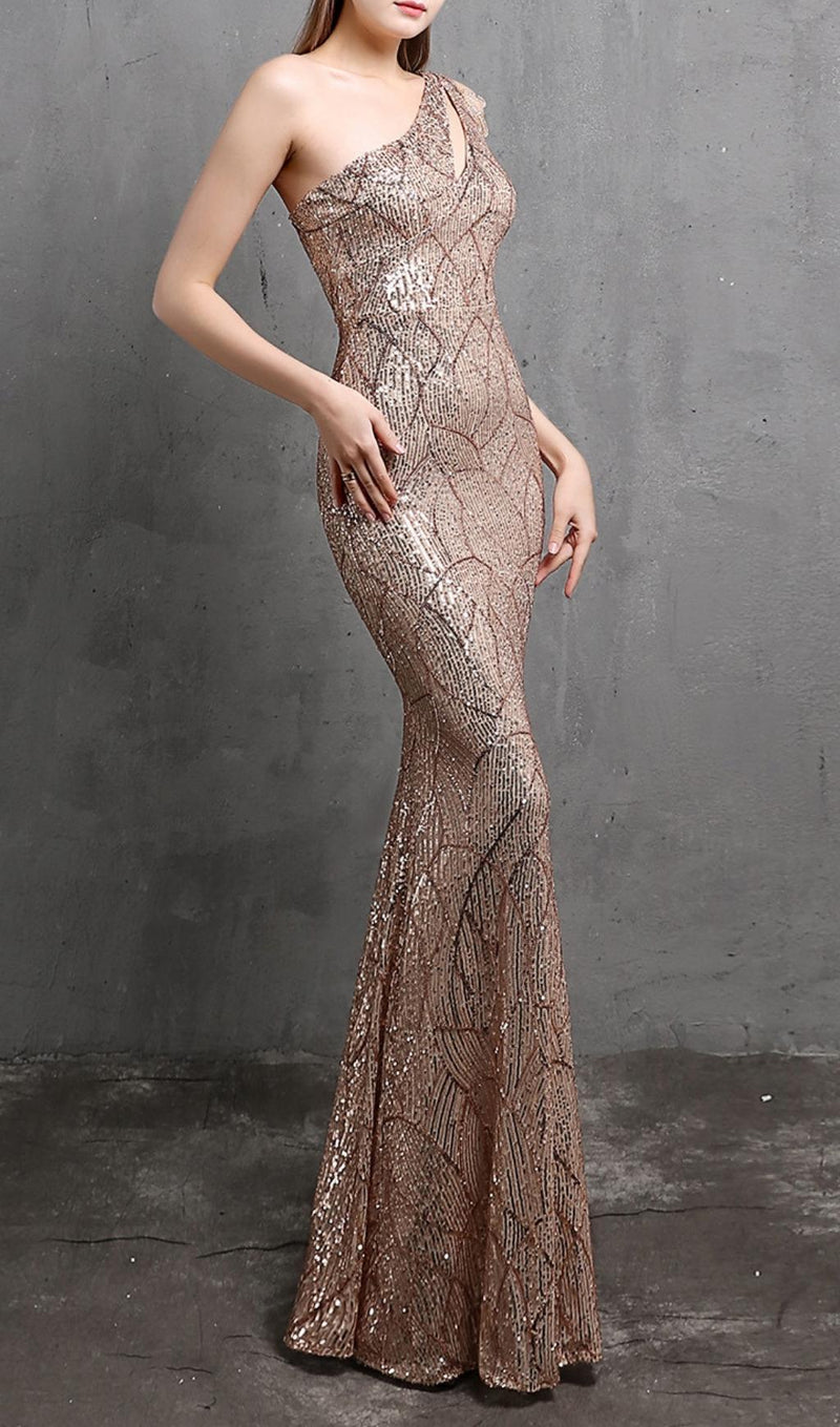 CHAMPAGNE CUTOUT SEQUIN MAXI DRESS