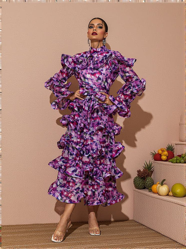 Elena Printed Ruffle Midi Dress In Purple