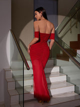 Camille Mesh Ruched Off Shoulder Gown In Red