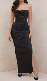 STRAPLESS BODYCON RUCHED MAXI DRESS