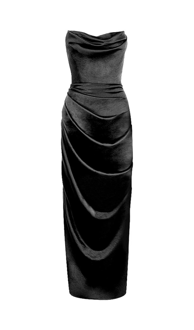 STRAPLESS BODYCON RUCHED MAXI DRESS