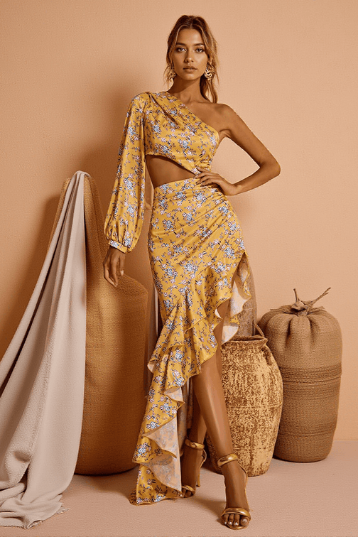 Aiyana One Shoulder Floral Maxi Dress In Yellow