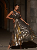 Kaleen One Shoulder Metallic Maxi Dress In Gold